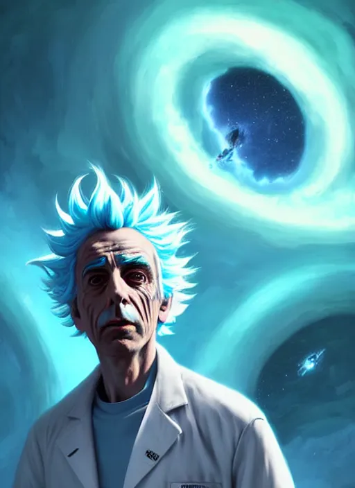 Image similar to rick sanchez portrait wearing a white lab coat with blue hair. highly detailed. psychedelic digital painting. smooth. alien planet background. art by greg rutkowski