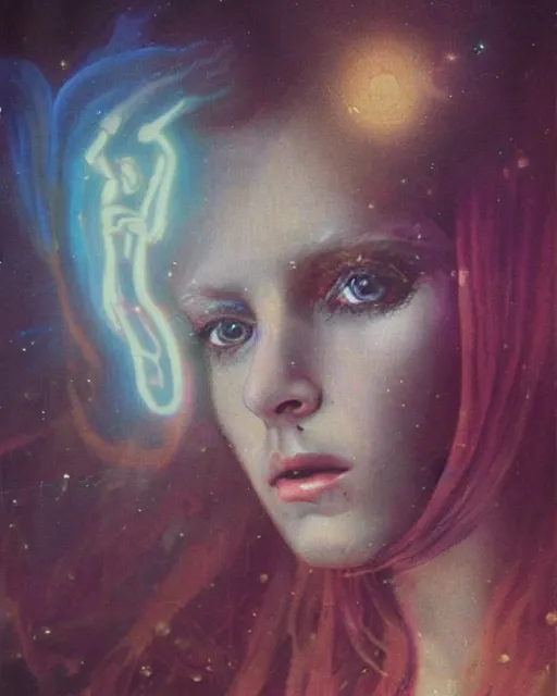 Prompt: a beautiful and eerie baroque painting of a gorgeous young woman in dead space, with wild blonde hair and haunted eyes, 1 9 7 0 s, seventies, space station, neon light showing injuries, delicate ex embellishments, painterly, offset printing technique, behind her something sinister is happening