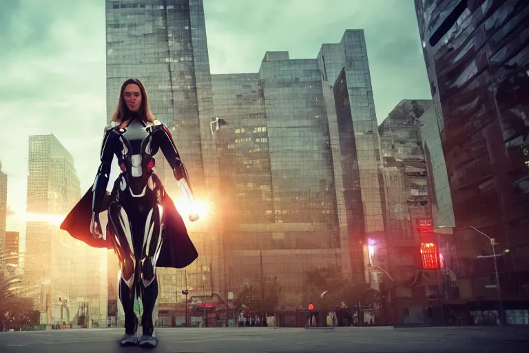 Image similar to vfx marvel sci-fi woman super hero robot photo real full body action pose, flying over city street cinematic lighting by Emmanuel Lubezki