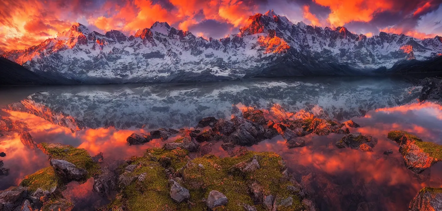 Image similar to amazing landscape photo of mountains with lake in sunset by marc adamus, beautiful dramatic lighting