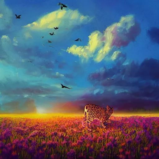 Prompt: a savannah bengal hybrid cat, surreal photography, flower field, beautiful sunset on a summer day light, impressionist painting, colorful clouds, blue sky, digital painting, artstation, simon stalenhag