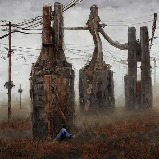 Image similar to painting of a abandoned post soviet town infested with humanoid root monsters by jakub rozalski