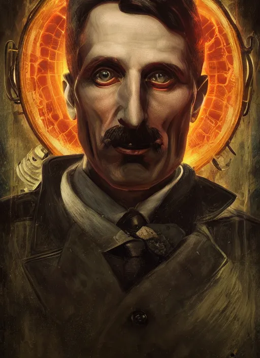 Prompt: biohazard portrait of nikola tesla from bioshock, au naturel, hyper detailed, digital art, trending in artstation, cinematic lighting, studio quality, smooth render, unreal engine 5 rendered, octane rendered, art style by klimt and nixeu and ian sprigger and wlop and krenz cushart