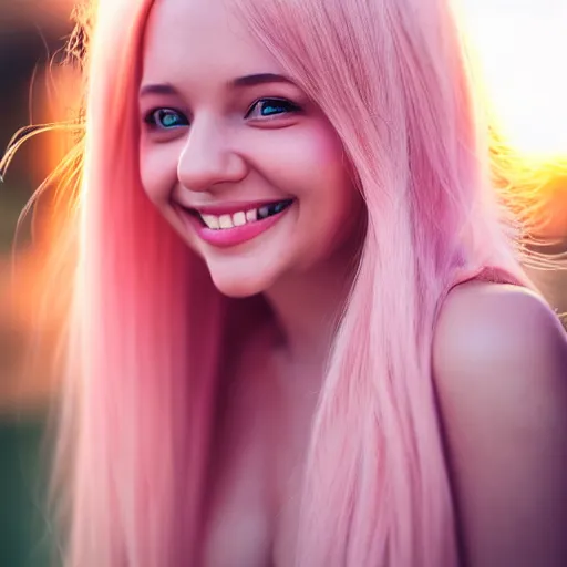 Prompt: beautiful hyperrealism selfie of a cute 3 d young woman smiling sofly, long light pink hair, flushed face, small heart - shaped face, amber eyes, golden hour, 8 k, instagram