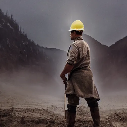 Prompt: cinematic shot of a man wearing a crown jewel at a construction site and a leader of the team he is holding a spear. cinematic photograph, atmospheric, foggy, majestic, epic