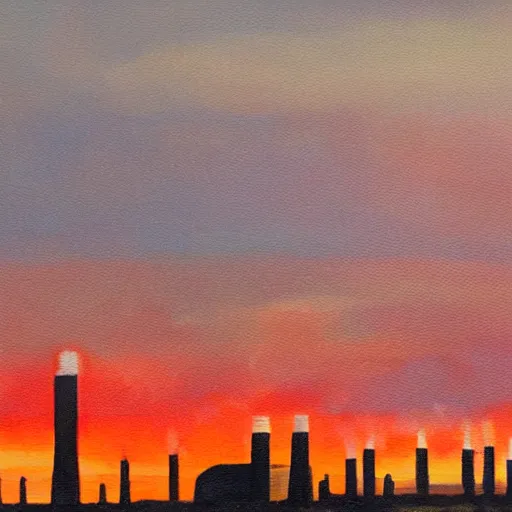 Prompt: painting of industrial smokestacks piercing a layer of black clouds, with a background of red clouds lit by a sunset