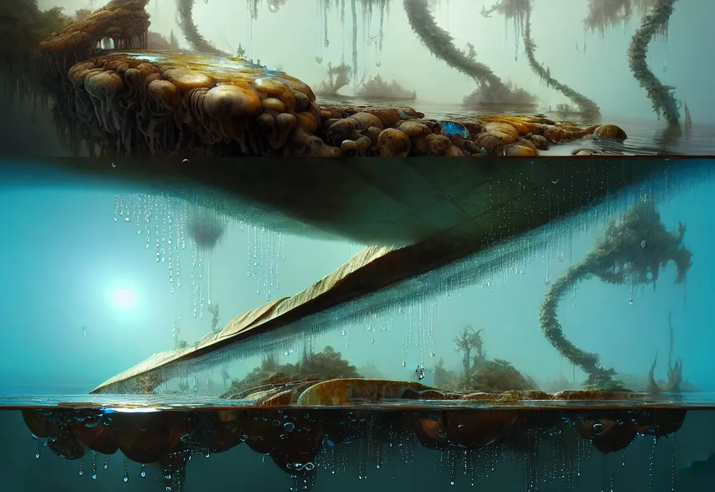 Image similar to study material with side perspective, transparent water River flow, realistic water foam,agua droplets, underwater, bridge made of water ,physically based rendering, defined features by ellen jewett, tomasz alen kopera and Justin Gerard