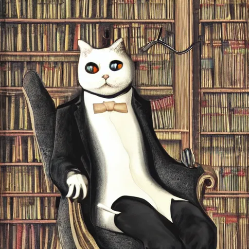 Image similar to a distinguished cat in smoking on armchair with a monocle in a room full of books in surrealistic style