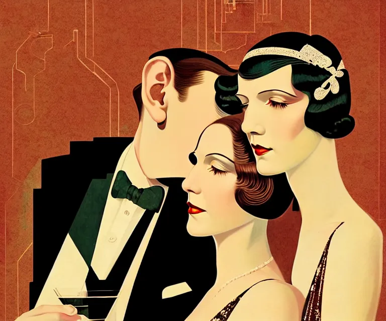 Prompt: a beautiful classy partying couple, dimly lit upscale 1920s speakeasy, relaxed pose, art deco, detailed painterly digital art style by Coles Phillips, retro vibe, 🍸, 8k octane beautifully detailed render, post-processing, extremely hyperdetailed, intricate, epic composition, grim yet sparkling atmosphere, cinematic lighting + masterpiece, trending on artstation, very detailed, vibrant colors, Art Nouveau, masterpiece