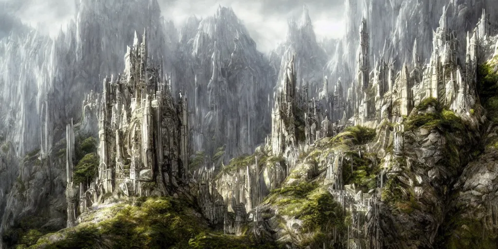 Prompt: an elven city built into the side of a mountain, tall white towers, tall white walls, by alan lee, lord of the rings, smooth, detailed terrain, oil painting, matte painting, concept art, trending on artstation