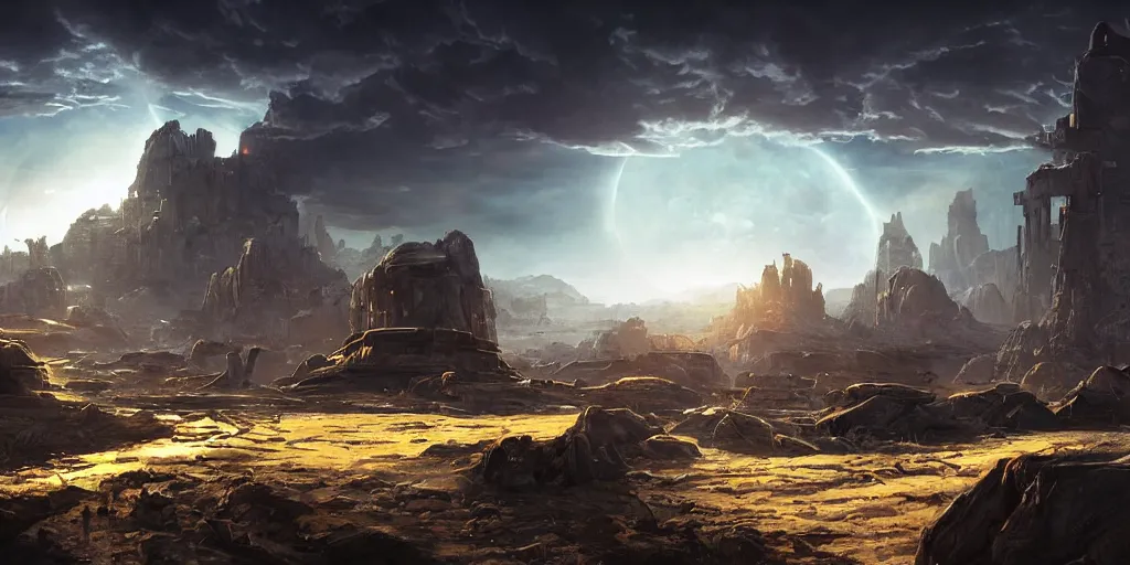 Image similar to ancient futuristic civilization in another planet, dramatic lighting, cinematic establishing shot, extremely high detail, photorealistic, cinematic lighting