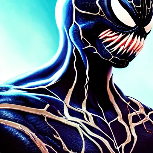 Image similar to venom from spiderman, perfect eyes, full body shot, portrait, vivid colors, elegant, concept art, sharp focus, digital art, Hyper-realistic, 4K, Unreal Engine, Highly Detailed, HD, Dramatic Lighting by Brom, trending on Artstation