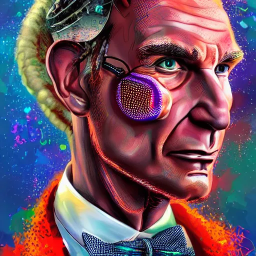 Prompt: portrait of bill nye with dreadlocks, cyberpunk setting, futuristic, highly detailed, intricate lighting, digital painting, sharp focus, illustration, trending on artstation, art by magali villenueve