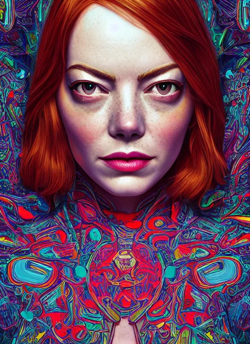 Image similar to portrait of emma stone an ultrafine detailed illustration by james jean, intricate linework, bright colors, final fantasy, behance contest winner, vanitas, angular, altermodern, unreal engine 5 highly rendered, global illumination, radiant light, detailed and intricate environment