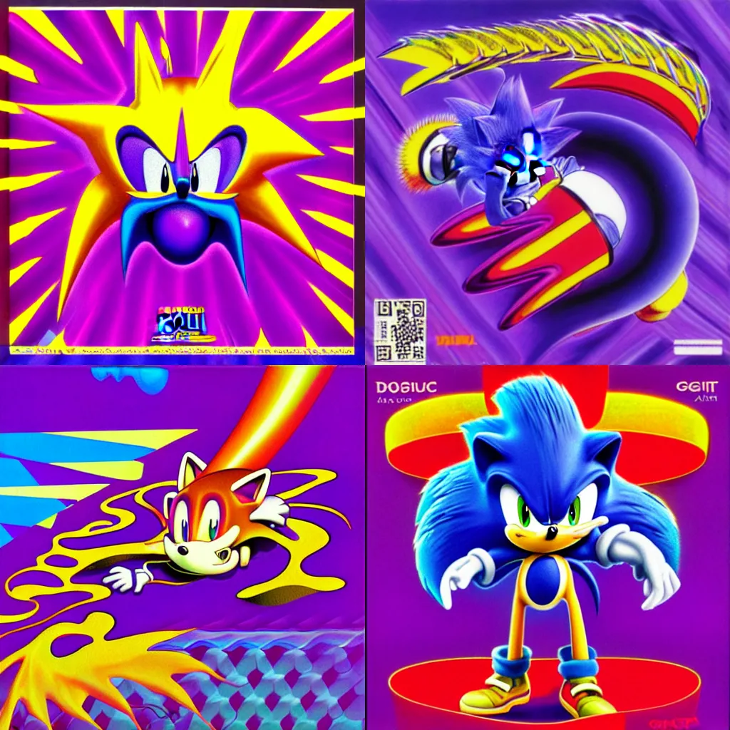 Prompt: surreal, sharp, detailed professional, high quality airbrush art MGMT album cover of a liquid dissolving DMT sonic the hedgehog, purple checkerboard background, 1990s 1992 Sega Genesis box art