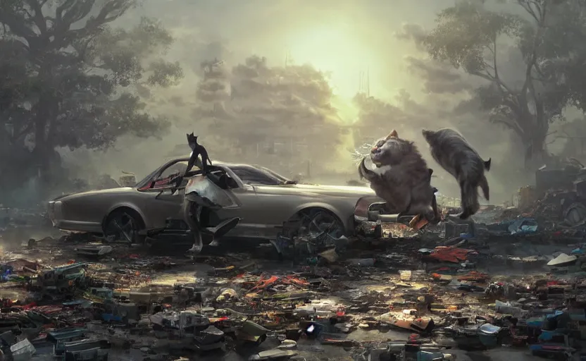 Image similar to digital render. aesthetics. handsomely. handsome half - man half - cat in work clothes. car dump with the remains of broken robots. anthropomorphic cats in the middle of a car dump. by greg rutkowski, ferdinand knab, makoto shinkai. artstation trend, 4 k. wow. octane render. vray