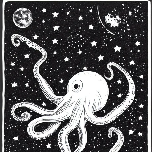 Prompt: relaxed octopus on moon, black and white, copper engraving, stars