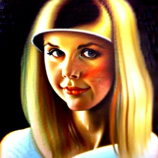 Prompt: close up of a young Olivia Newton-John, Masterpiece, oil on canvas, artgerm, norman rockwell, craig mulins, trending on pxiv,