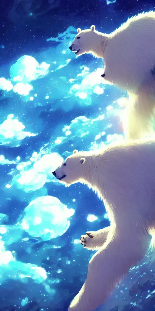 Image similar to a beautiful illustration of a polar bear in space, beautiful woman, wide angle, by makoto shinkai, wu daozi, very detailed, deviantart, 4 k vertical wallpaper, tropical, colorful, airy, anime illustration, anime nature wallpap