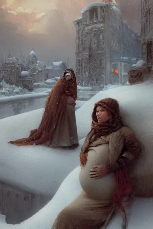 Image similar to portrait of a pregnant woman in the besieged Leningrad in winter, digital painting, trending on artstation, concept art, sharp focus, illustration by Gaston Bussiere and artgerm