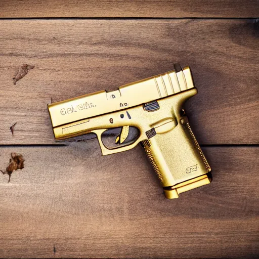 Image similar to a medium shot photograph of a gold glock 18 on a wooden background