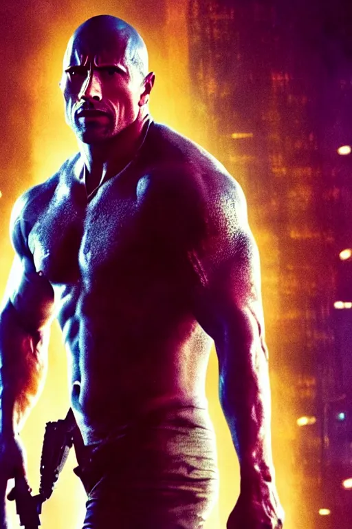 Image similar to An epic cinematic film still of Dwayne Johnson in the movie Blade Runner: 2049.