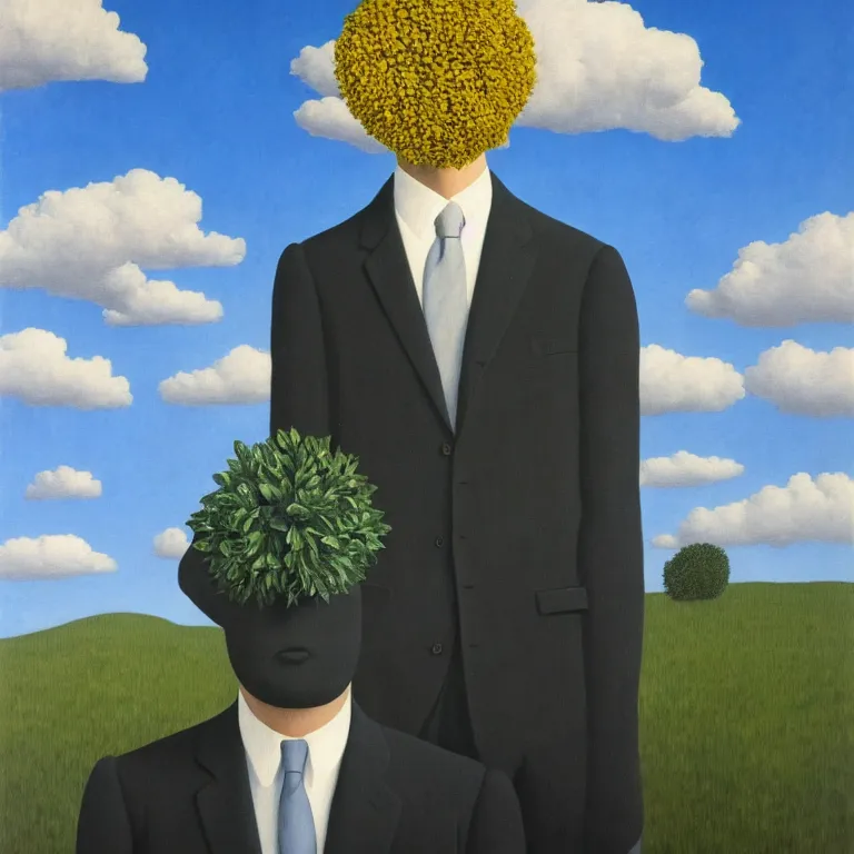 Image similar to portrait of a faceless beautiful flower - head man in a suit, clouds in the background, by rene magritte, detailed painting, distance, middle centered, hd, hq, high resolution, high detail, 4 k, 8 k