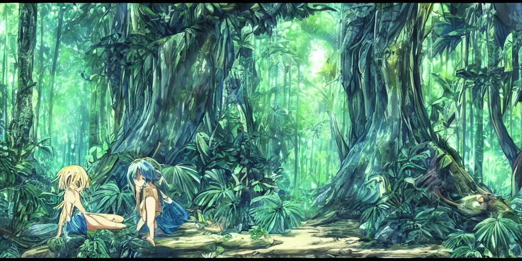 Image similar to blue spirits in a rainforest. anime art style