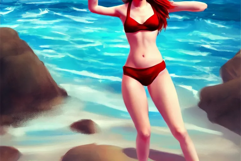 Image similar to Red-haired beauty Emma Watson in a bikini, highly detailed, mid-shot ,pixiv , digital painting , concept art