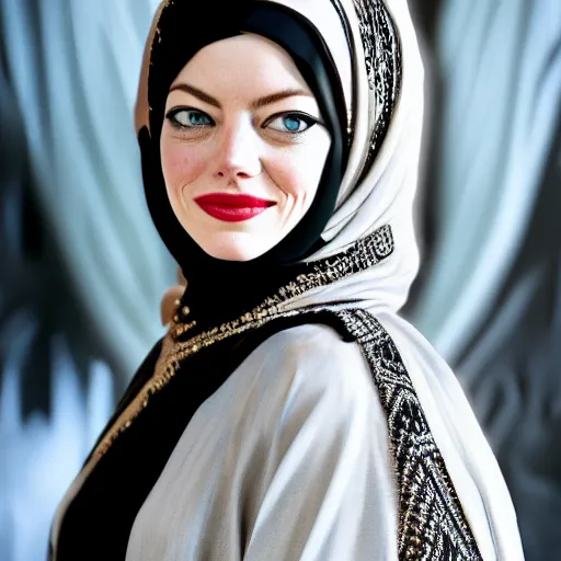 Image similar to A portrait of Emma Stone wearing Black Arabian Abaya, high quality, fully detailed, 4k