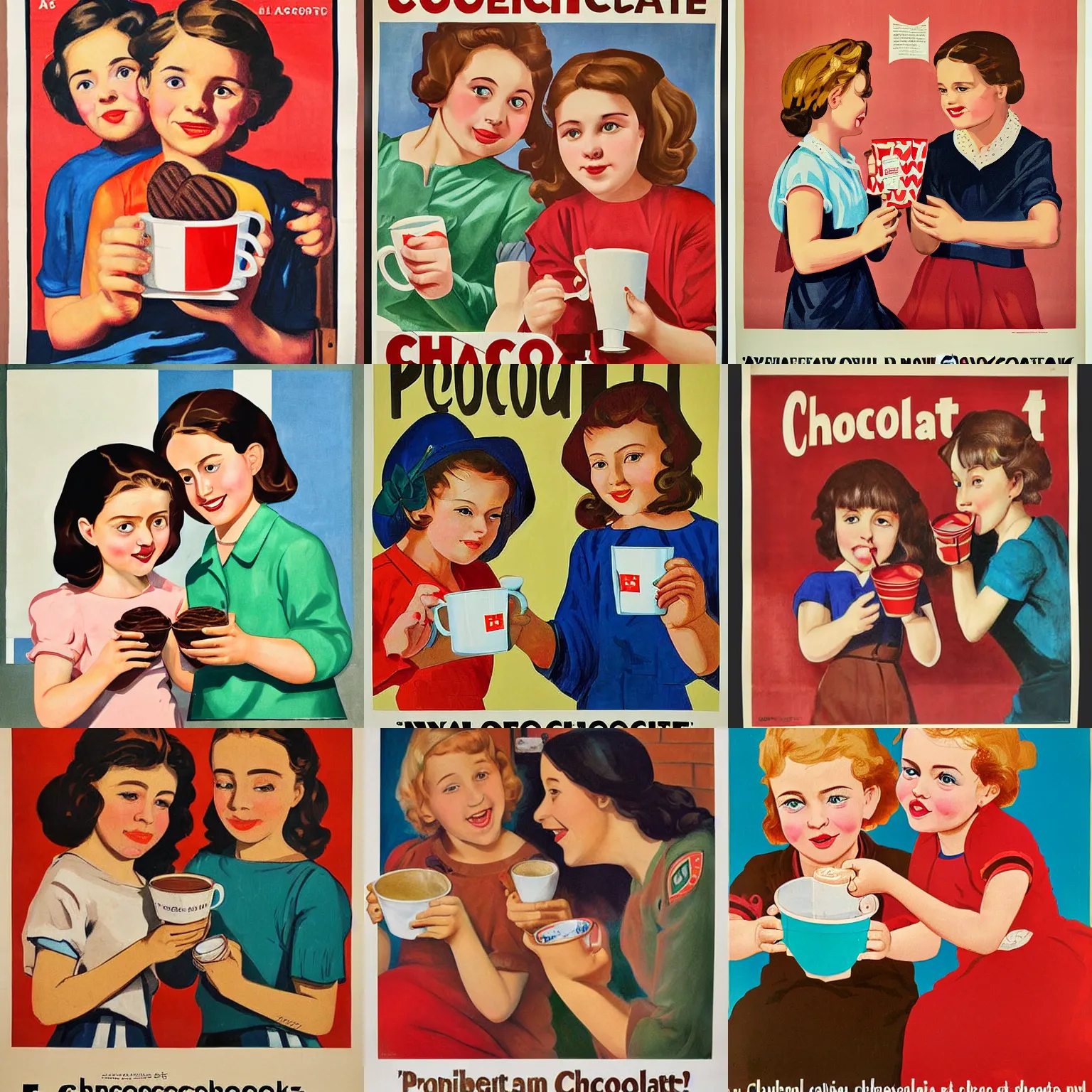 Prompt: portrait of two girls sharing cup of chocolate ice cream together, propaganda poster, socialist realism