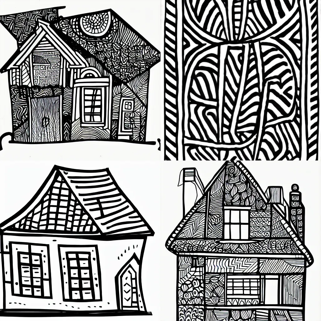 Prompt: house, simplified zentangle, bold lines, line art