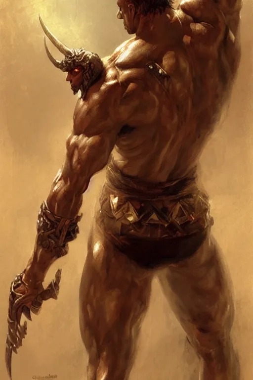 Image similar to Male, muscular warrior fighting devil, detailed face, correct face, painting by Gaston Bussiere, Craig Mullins