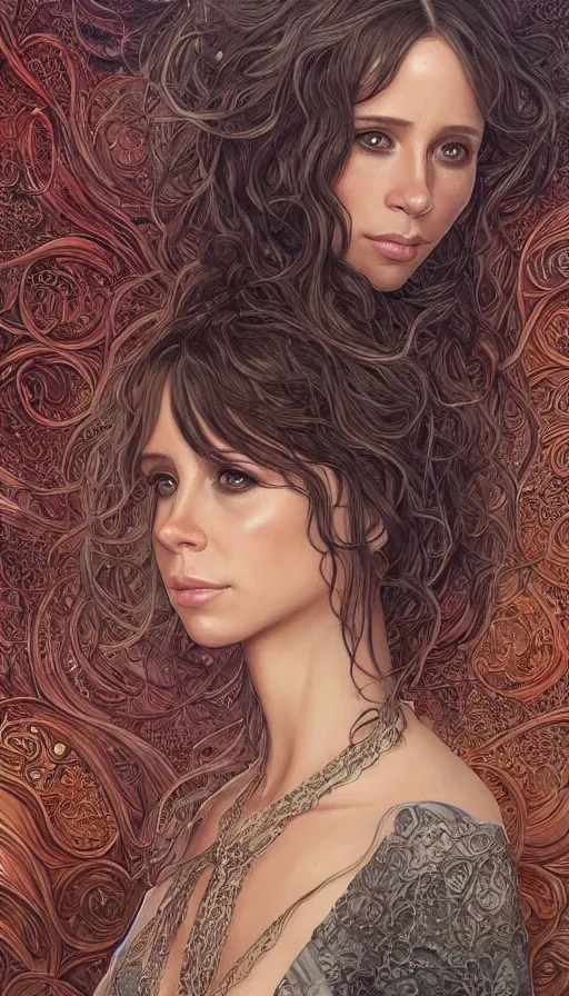 Prompt: jennifer love hewitt, acotar, fibonacci, sweat drops, intricate fashion clothing, insane, intricate, highly detailed, surrealistic, digital painting, artstation, concept art, smooth, sharp focus, illustration, unreal engine 5, 8 k, art by artgerm and greg rutkowski and alphonse mucha