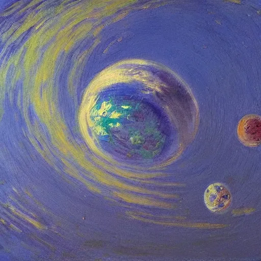 Image similar to a starship in orbit of a large blue planet in the style of monet.