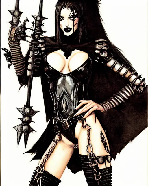 Image similar to portrait of a skinny punk goth sorceress wearing armor by simon bisley, john blance, frank frazetta, fantasy