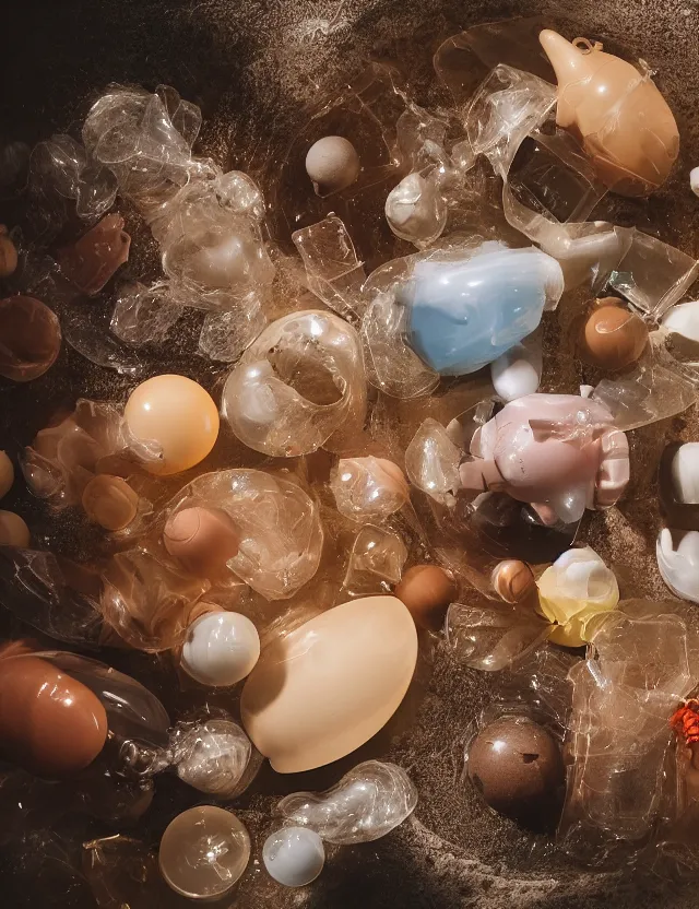 Image similar to a well - lit studio photograph of various earth - toned plastic toys floating in a bowl of water, some wrinkled, some long, various sizes, textures, and transparencies, beautiful, smooth, detailed, inticate