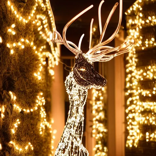 Image similar to Hyperrealistic rendering of a tall fantasy Reindeer sculpture made of wire and Christmas lights, 4k, sigma 35mm