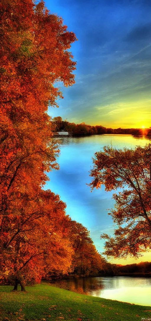 Image similar to Sunset on an autumn day in the park. 8k resolution. digital art by Robert Kurvitz.