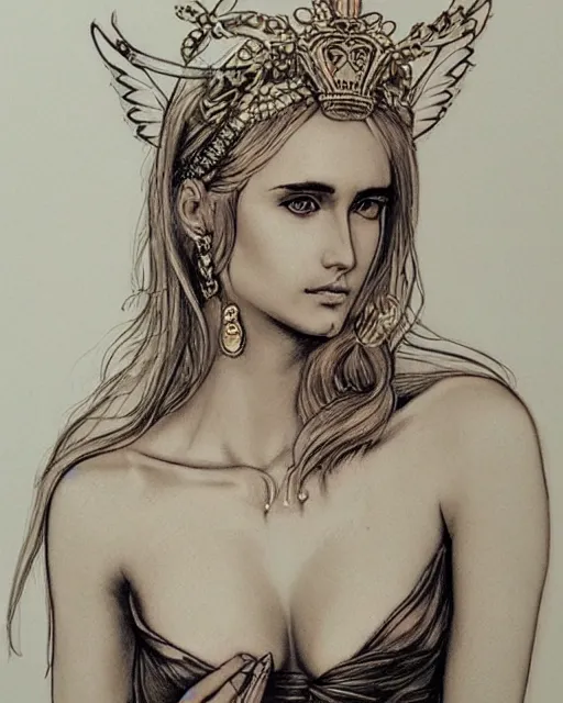 Image similar to realism tattoo sketch of a beautiful blonde woman as a beautiful greek goddess aphrodite with piercing eyes wearing a laurel wreath and triangle earrings, in the style of greg rutkowski, amazing detail