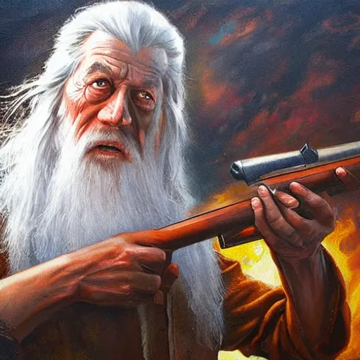 Prompt: gandalf firing a shotgun towards the camera, oil painting, war photo, anger, fire, dramatic, very detailed, 4k, by Jeffrey Smith and Erin Hanson and Chad Knight