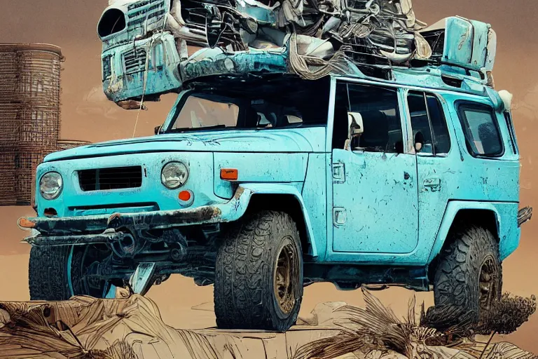 Image similar to digital illustration of a futuristic faded cyan mad max's fj 4 0 decrepit!!!! pursuit special, rusty!!! cyberpunk nissan fj cruiser heavily modded 1 9 9 0 s, the last v 8 interceptor by makoto shinkai, ilya kuvshinov, lois van baarle, rossdraws, basquiat