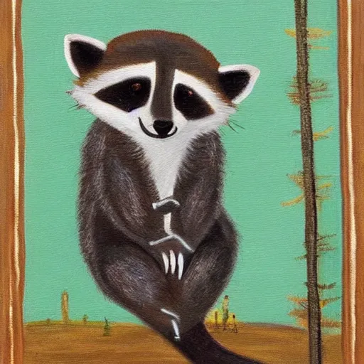 Image similar to a painting of a raccoon doing yoga in renaissance art style