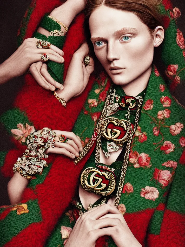 Image similar to a very beautiful gucci portrait, highly detailed, intricate, photography