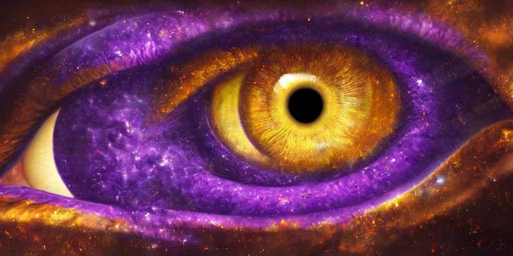 Image similar to Fantasy god-like purple eye, golden spiraling pupil, black iris at the center of galaxy, digital oil painting, surreal, HD,