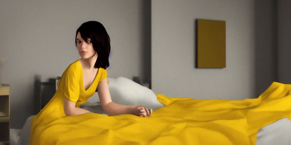 Prompt: A girl with dark hair in a yellow nightgown sits on a bed in a room with light gray walls, side view, sunset light, edward hopper style. cinematic, hyper realism, high detail, octane render, 8k, iridescent accents