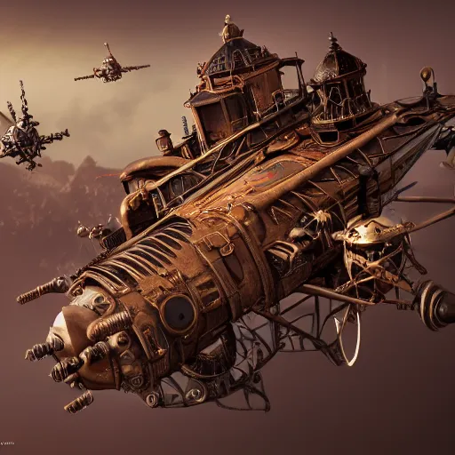 Prompt: flying steampunk fortress, extremely detailed, behrens style, unreal 5 render, fantasy digital art, octane render, beautiful composition, trending on artstation, award - winning photograph, masterpiece