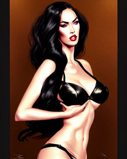 Prompt: megan fox with dark eye makeup, vegas show girl in a bar on stage, long windblown black hair, pinup, intricate, elegant glamorous pose, sharp focus, illustration, charlie bowater