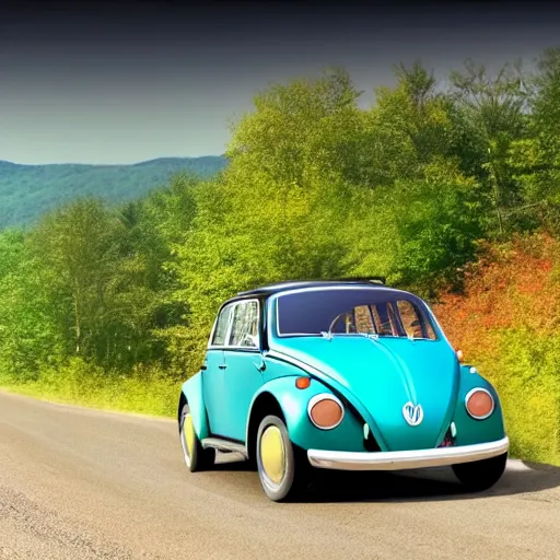 Image similar to promotional scifi - mystery movie scene of a big ladybug ( volkswagen beatle ) hybrid that's more ladybug, racing down a dusty back - road in smokey mountains tennessee. cinematic, 4 k, imax, 7 0 mm, teal autochrome, hdr