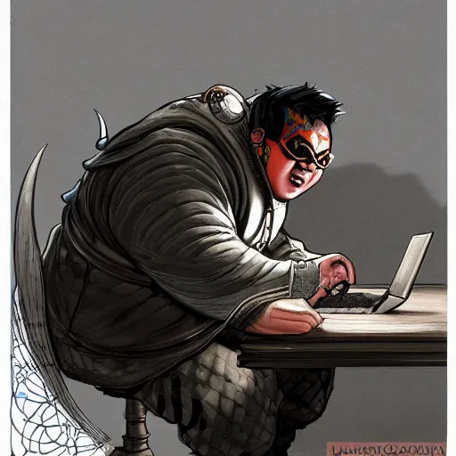 Image similar to an insanely detailed painting of a chubby asian man wearing a homemade superhero costumed, sitting at a computer desk typing on the keyboard, in the style of peter mohrbacher, dramatic lighting and composition, trending on artstation, concept art, comic book, graphic novel